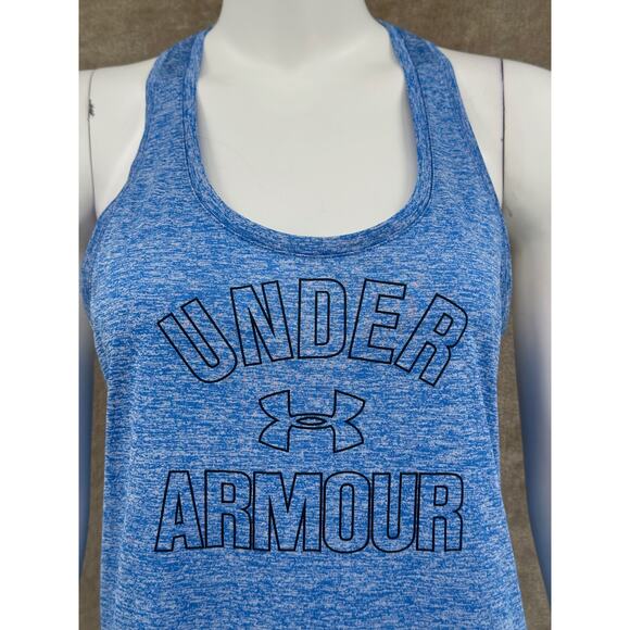 Under Armour Top Women Medium Blue Tank Heatgear Logo Graphic Workout Activewear - Picture 2 of 10